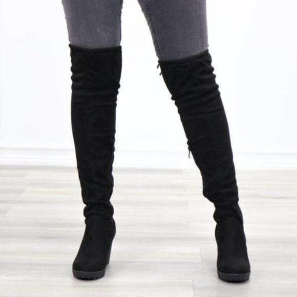 Lug Chunky Heel BlackThigh High Suede Boots - Picture 4 of 15